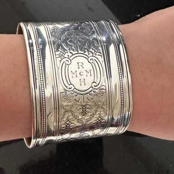Tiffany & Co. Antique Upcycled Wide Sterling Silver Cuff Bracelet Etched 925 - Picture 1 of 11